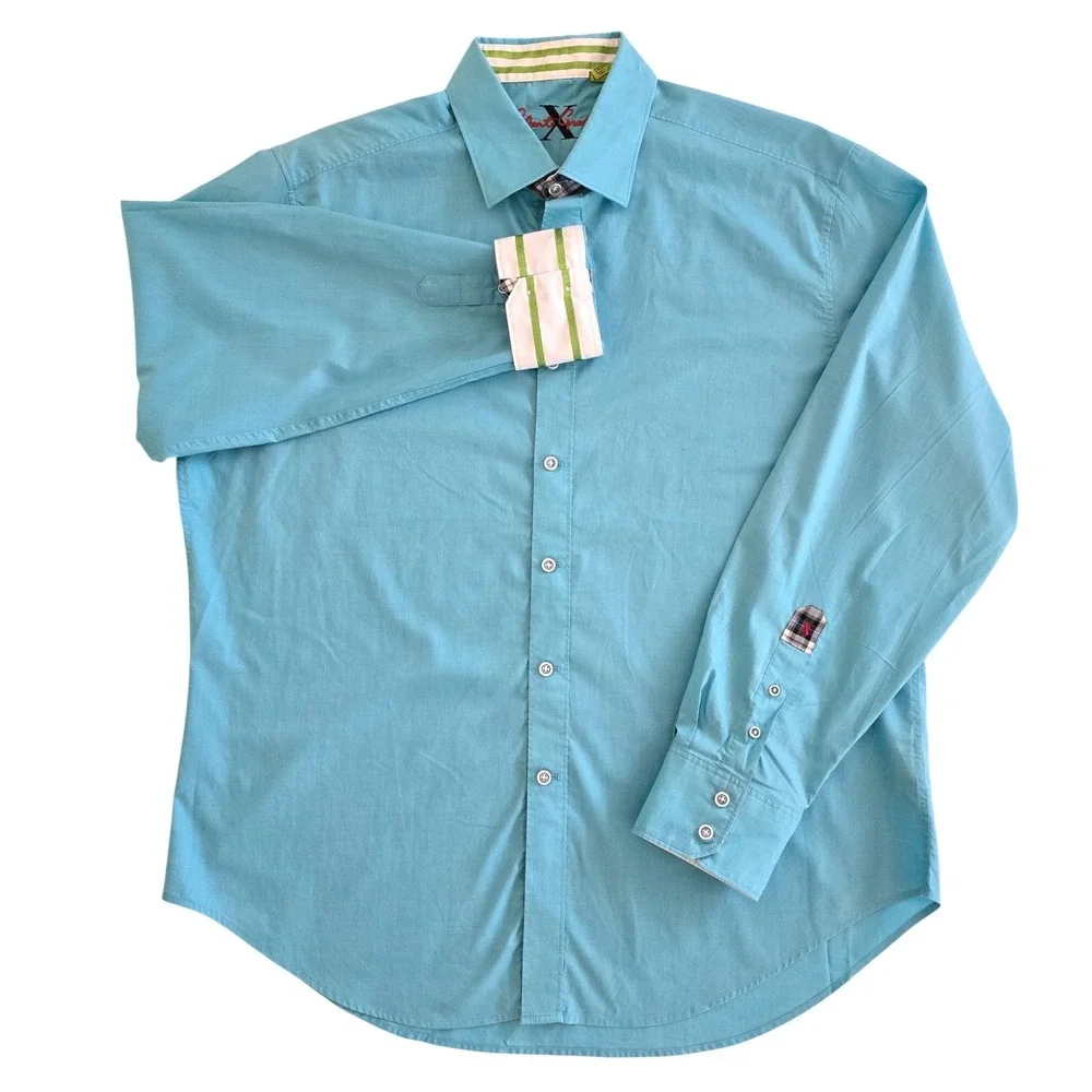 Robert Graham X Button Down Shirt 2XL Turquoise Green Striped Flip‎ Cuff Plaid - Picture 2 of 7